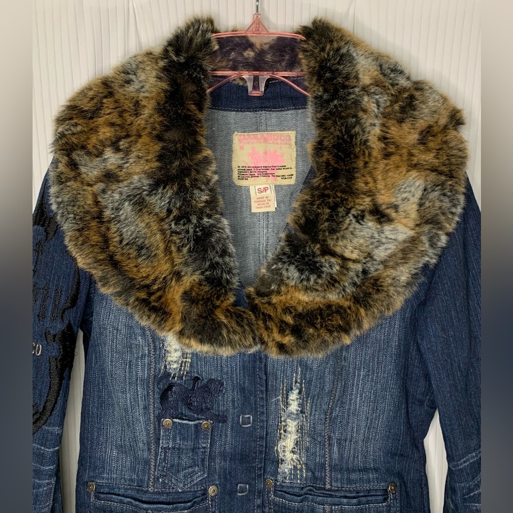 Parasuco Denim Jacket Factory Distressed Removable Faux Fur Collar Embroidery - Picture 2 of 15